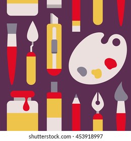 Cute colorful pattern with painting tools.  Flat style 