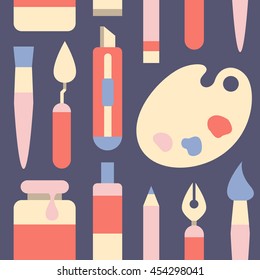 Cute colorful pattern with painting tools.  Flat style 