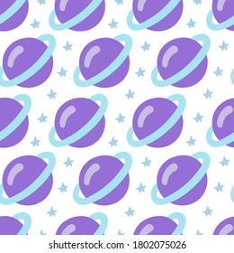 Cute colorful pattern with purple planets and light blue stars. Template for textile, wrapping paper, wallpapers, printing