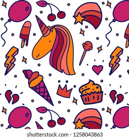 Cute colorful pattern of unicorn,stars,crown,ice cream,cake,heart etc.
