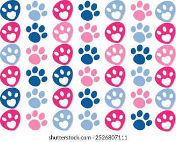 Cute Colorful Paw Print Pattern Clipart. Pink, Blue, and Navy Heart Paws Design for Pet Lovers, Animal Themed Digital Art, Scrapbooking, Stickers, Sublimation, and DIY Crafts