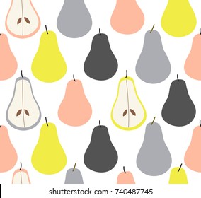 Cute colorful pear fruit with slice and seed on white background pattern seamless wallpaper backdrop. Vector image