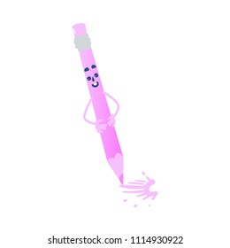 Cute colorful pencil with eraser cartoon drawing character isolated on white background - funny chancery element personage with smiling face for back to school concept in vector illustration.