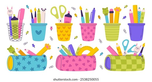 Cute colorful pencil holder cups and box cases with school supplies and stationery isolated set. Cartoon artistic craft accessories, studying equipment containers arrangement vector illustration