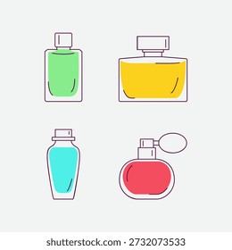 Ilustración vectorial colorida linda de la botella de perfume fijada con estilo moderno juguetón para la belleza y el diseño cosmético