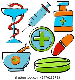 cute colorful pharmacy icons set. simple funny doodle hand drawn flat simple vector illustrations