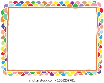 cute colorful photo frame consists of light brown rectangular line and various colored small curves arranged in two outer lines like fish scales.