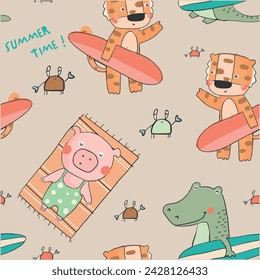 Cute colorful pig crocodile tiger crab surf and summer beach animals  seamless print pattern graphic tee design for kids market as vector