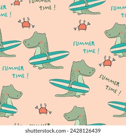 Cute colorful pig crocodile tiger crab surf and summer beach animals  seamless print pattern graphic tee design for kids market as vector