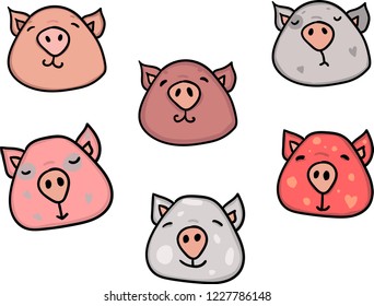 Cute colorful pig vector set.