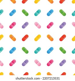 Cute colorful pills, medications, food supplements vector seamless pattern background for healthcare design.