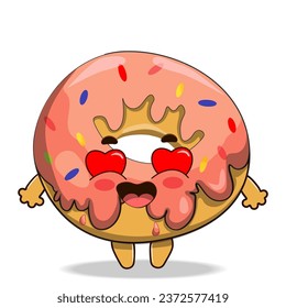 Cute colorful pink glazed donut set on white background. Sweet food vector icon set. Kawaii donuts emoji love, smile, fanny set. Hand drawn design in doodle style.