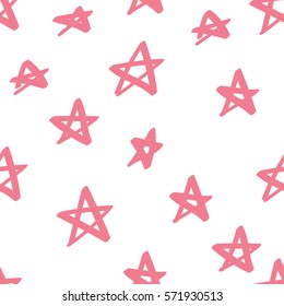 Cute colorful pink star seamless pattern on white. Funny festive background, wrapping paper. Vector illustration.