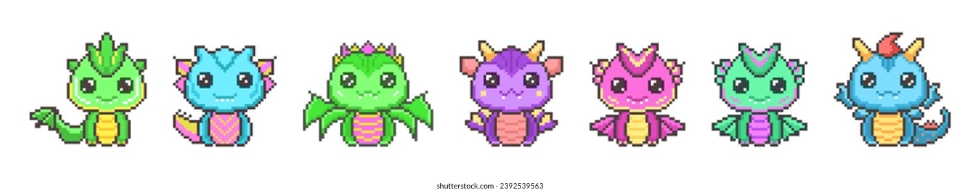 Cute colorful pixel dragons set. Kawaii purple funny dinosaur with green fantasy 8bit graphics and blue horns and legendary smiling little vector monsters