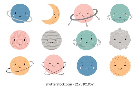 Cute colorful planets. Vector illustration for children. Hand-drawn space characters