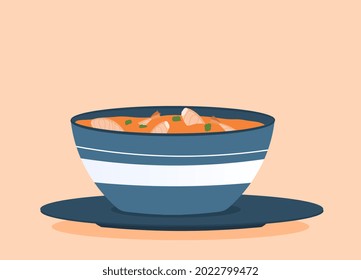 Platos coloridos y cortos, llenos de sopa de tomillo sobre fondo rosado. Concepto de comida tradicional sabrosa tailandesa con gambas. Ilustración vectorial de dibujos animados planos