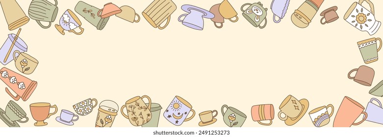 Cute colorful porcelain vector illustration. Coffee and tea mugs in scandinavian style.  Bright doodle cups clip art frame for card, banner, invitation. 
