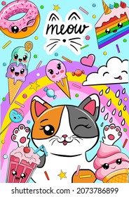 cute colorful postcard template with cat and kawaii sweets. card or birthday invitation vector