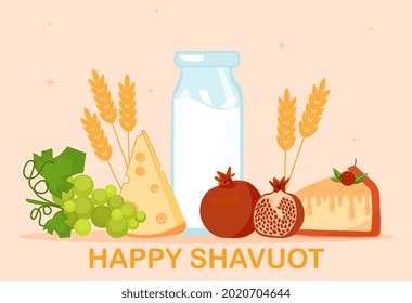 Cute colorful poster with food and happy Shavuot lettering. Traditional template with fruits, figs, pomegranates, grapes. Jewish holiday. Flat cartoon vector illustration