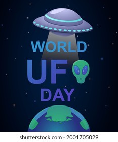 Cute colorful poster with world UFO day lettering with universe o the background. Aliens on spaceship coming down to Earth. Flat cartoon vector illustration