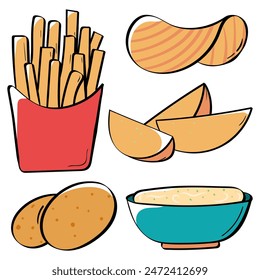 cute colorful potato icons set. fries, wedges, potato chips, mesh potato. simple funny doodle hand drawn flat simple vector illustrations