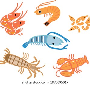 Cute and colorful Prawn, Shrimp, Lobster cartoon set