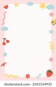 Cute colorful printable note paper with abstract objects and fruits. Vector illustration A5 size note paper for journaling.