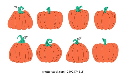 Cute colorful pumpkins. Autumn harvest, hello autumn. Halloween pumpkins. Thanksgiving Day. Vector illustration in flat style