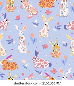 Cute colorful rabbits with flower seamless vector pattern with on blue background. Perfect for branding, package, fabric and textile