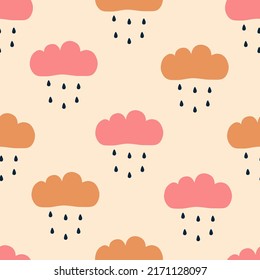 Coloridas nubes lluviosas, ilustraciones vectoriales dibujadas a mano. Cielo y gotas de lluvia Adorables en un estilo plano sin fisuras para tela infantil o papel pintado.