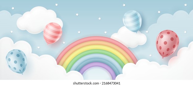 Cute colorful rainbow with balloons and little stars in the blue sky  background for kid banner, children's day card, party, baby shower, online shop , sale promotion, fair, social media wallpaper