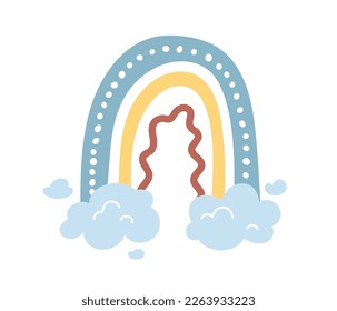 Cute colorful rainbow. Bright arc in bohemian style. Pattern or ornament. Nature and meteorology, climate. Cloud with blue and red curved line. Cartoon flat vector illustration