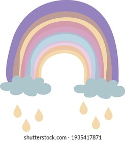 Cute colorful rainbow. Childish flat vector illustrations collection. Weather forecast, meteorology. Rainy clouds and stars isolated on white background. Pastel design elements for print.