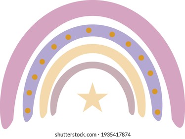 Cute colorful rainbow. Childish flat vector illustrations collection. Weather forecast, meteorology. Rainy clouds and stars isolated on white background. Pastel design elements for print.