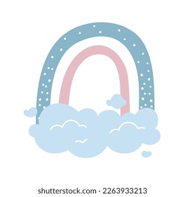 Cute colorful rainbow. Curved lines with clouds. Bohemian style icon for weather forecast and meteorology. Symbol of tenderness, love and care. Cartoon flat vector illustration