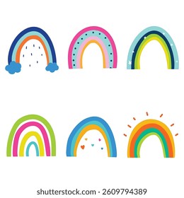 Cute colorful rainbow doodles set collection. Vibrant children illustration rainbows. Hand drawn vector illustrations in white background.