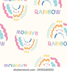 Cute colorful rainbow and flowers  seamless print pattern graphic tee design for kids market as vector