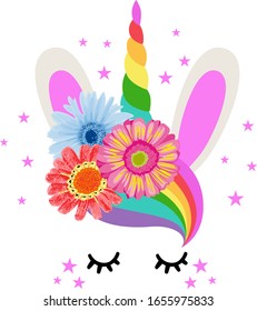 Cute colorful rainbow horn unicorn with flowers
