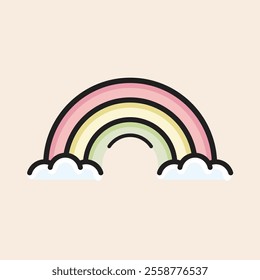 Cute colorful rainbow over two clouds and nice circular reflexes filled vector icon. Legend says that this rainbow may contain a treasure behind it.