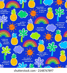 Cute colorful rainbow, pineapple, palm tree, cloud and sun seamless pattern for summer holidays background.