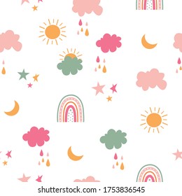 Cute Colorful rainbow seamless pattern background with elements like clouds, stars, sun and moon. 