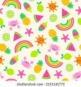 Cute colorful rainbow and summer elements seamless pattern for holidays background.