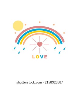 Cute colorful rainbow with sun water rain and love pink mini heart in rainy season boho doodle flat vector design.