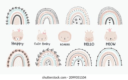 Cute colorful rainbows and animal faces set. T shirt print design element. Bright colored vector illustration in flat cartoon style isolated on white background.