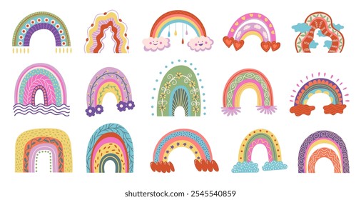 Cute colorful rainbows. Cartoon magic sky with clouds and stars, childish fantasy weather forecast decorative elements. Vector isolated set.