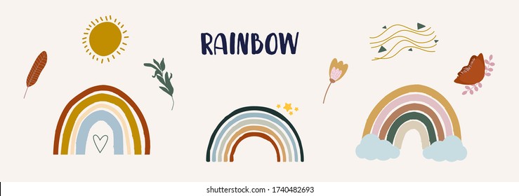 Cute colorful rainbows set in boho style. Childish flat vector illustration. Clouds, stars, flowers, sun isolated on white background. T-shirt print design element, logo, sticker, postcard, invitation