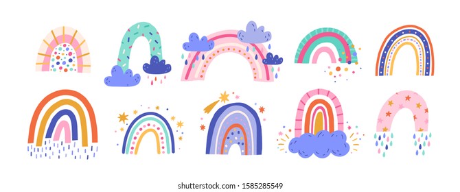 Conjunto de arco-íris colorido fofo. Coleção de ilustrações vetoriais planas infantis. Previsão do tempo, meteorologia. Nuvens chuvosas e estrelas isoladas no fundo branco. Elemento de design de impressão de camiseta.