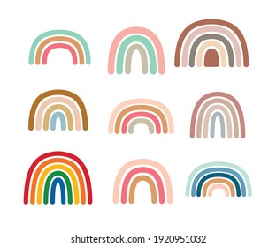 Cute colorful rainbows set. Childish flat vector illustrations collection. Perfect for kids, posters, prints, cards, fabric.