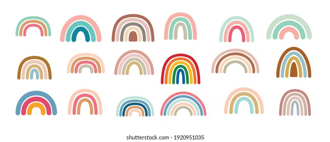 Cute colorful rainbows set. Childish flat vector illustrations collection. Perfect for kids, posters, prints, cards, fabric.
