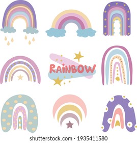 Cute colorful rainbows set. Childish flat vector illustrations collection. Weather forecast, meteorology. Rainy clouds and stars isolated on white background. Pastel design elements for print.